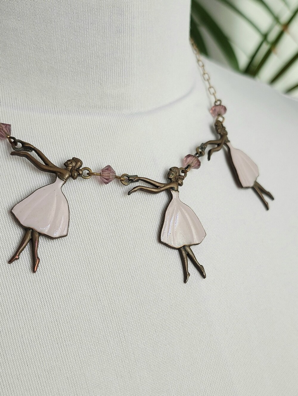 VTG 70s Pididdly Links Kingston NY Pink Ballerina Trio Bib Necklace Art Deco 15"